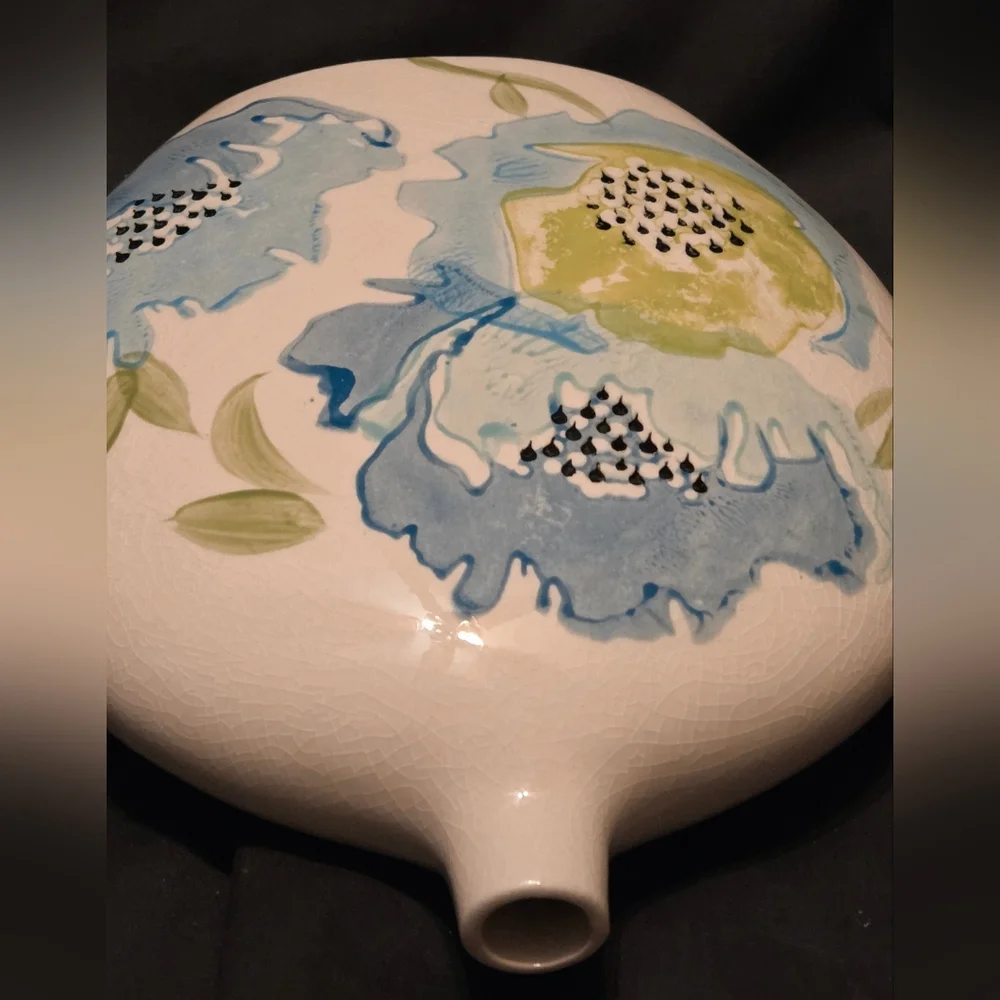 Ceramic Vase Hand-Painted Blue Floral Design 8x8.5x2